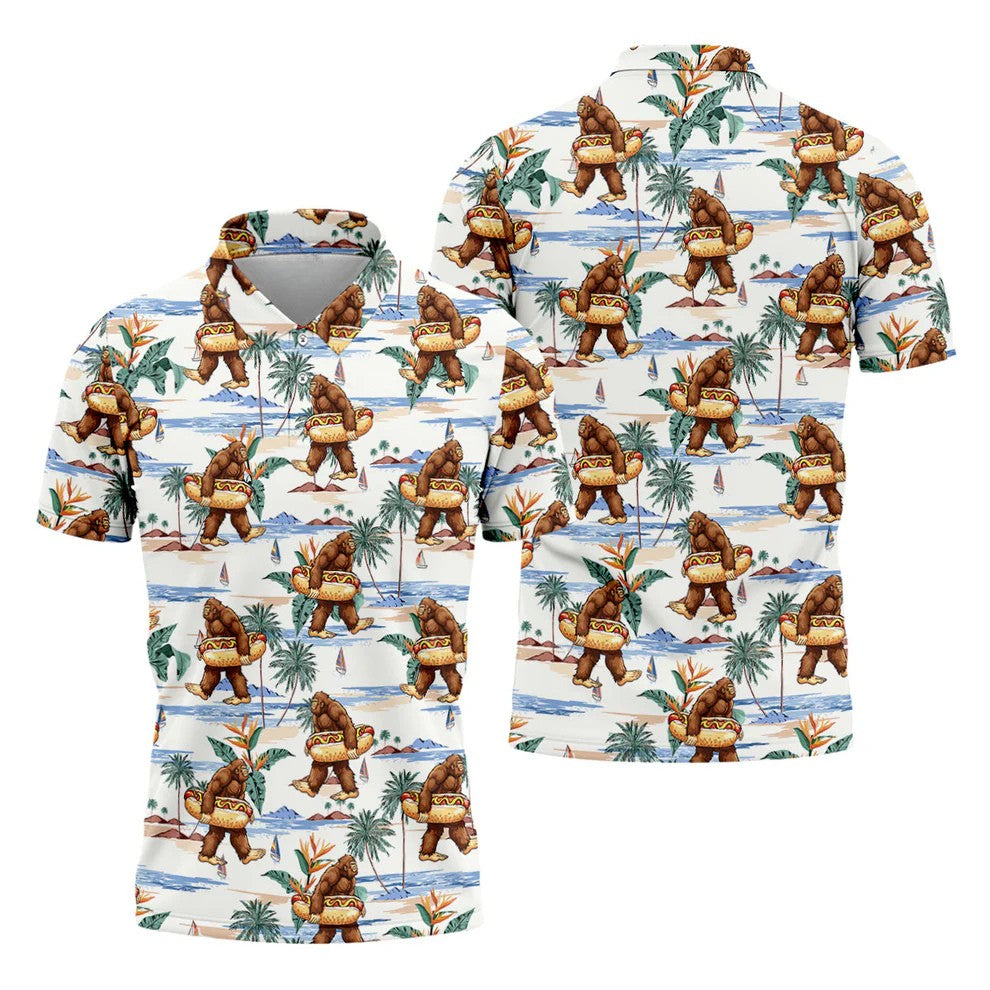 Funny Bigfoot Carrying Hot Dog Float Beach Golf Polo Shirt, Hawaiian Golf Shirt, Golf Apparel For Men