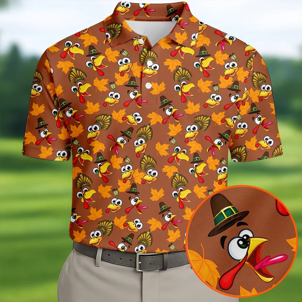 Thanksgiving Turkey Leaves Golf Shirt, Golf Shirts For Men, Funny Mens Golf Shirts