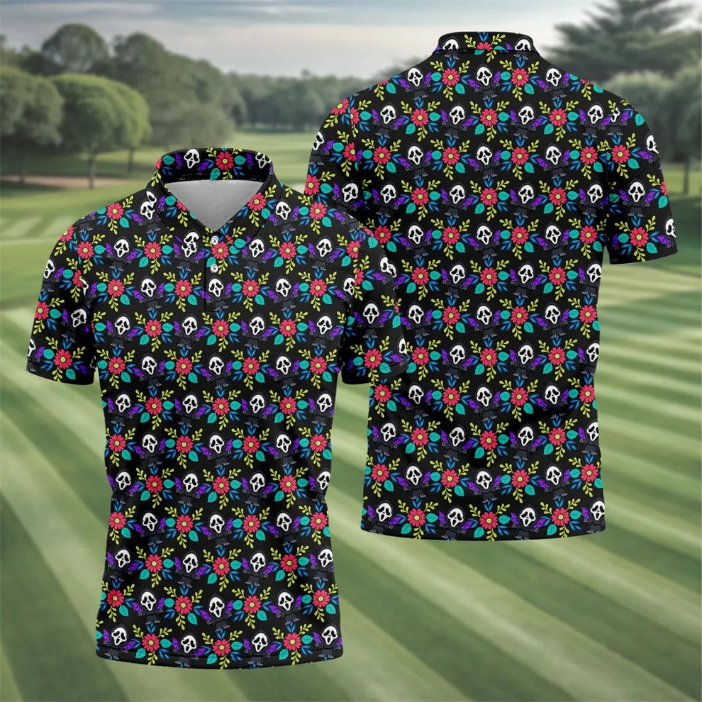 Floral Horror Character Halloween Polo Shirt, Halloween Shirts For Men, Mens Golf Polo