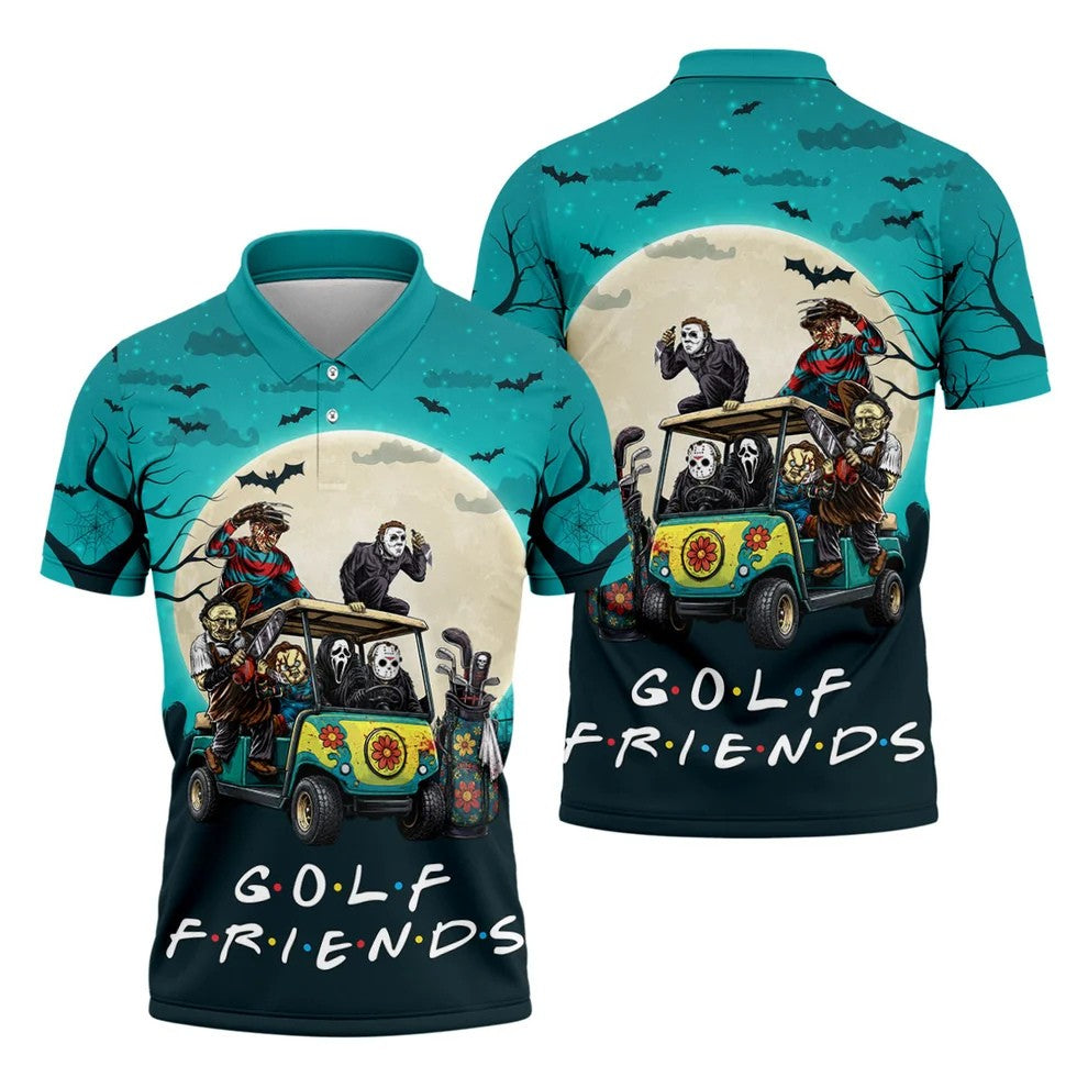 Horror Character Golf Cart Halloween Polo Shirt, Golf Shirts For Men, Halloween Shirt