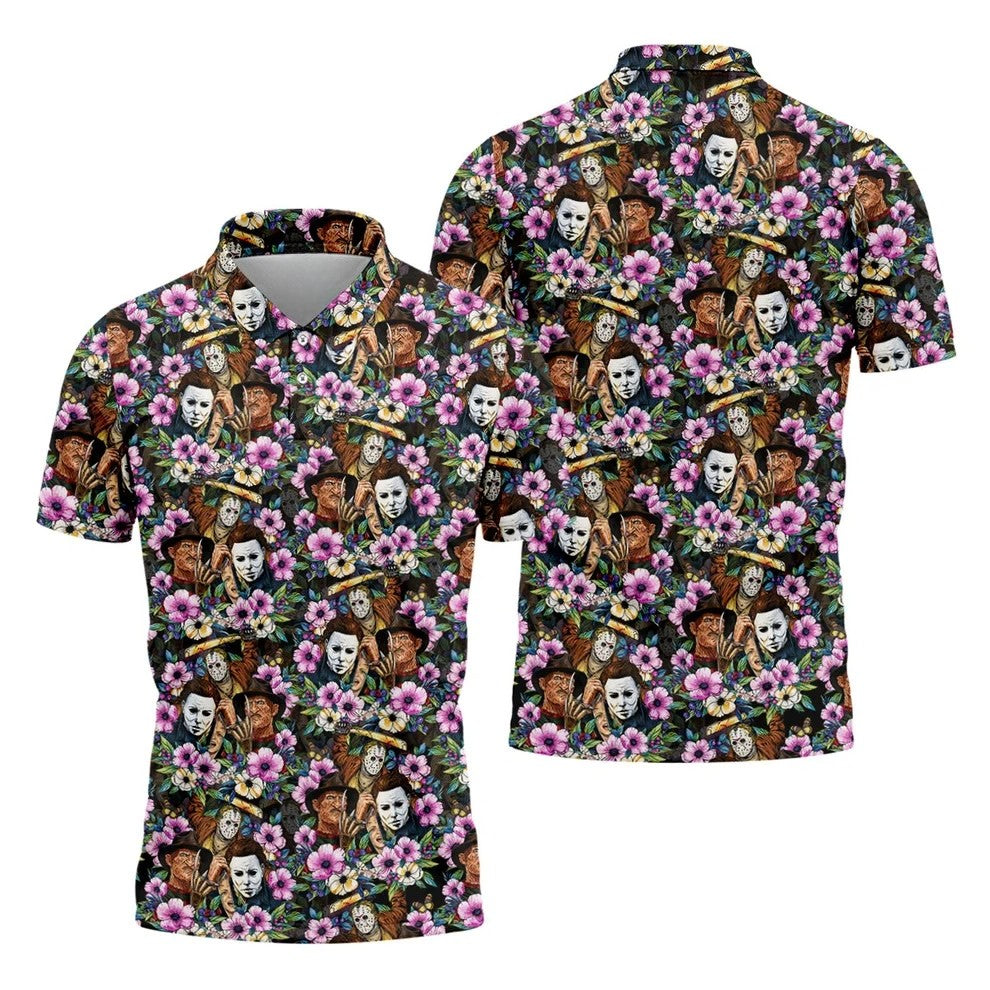 Floral Horror Character Halloween Golf Polo Shirt, Halloween Shirt, Golf Shirts For Men