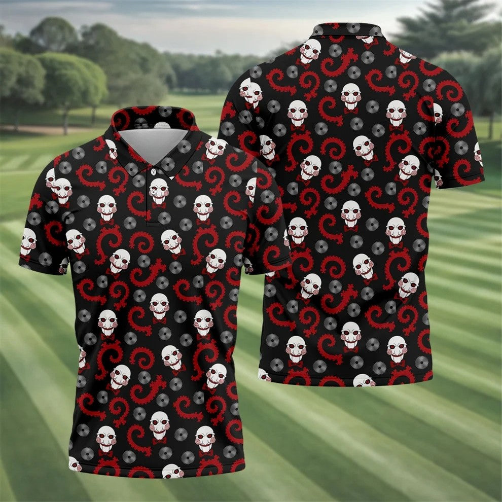 Creepy Puppet Spiral Halloween Golf Polo Shirt, Horror Character Shirt, Mens Golf Polo