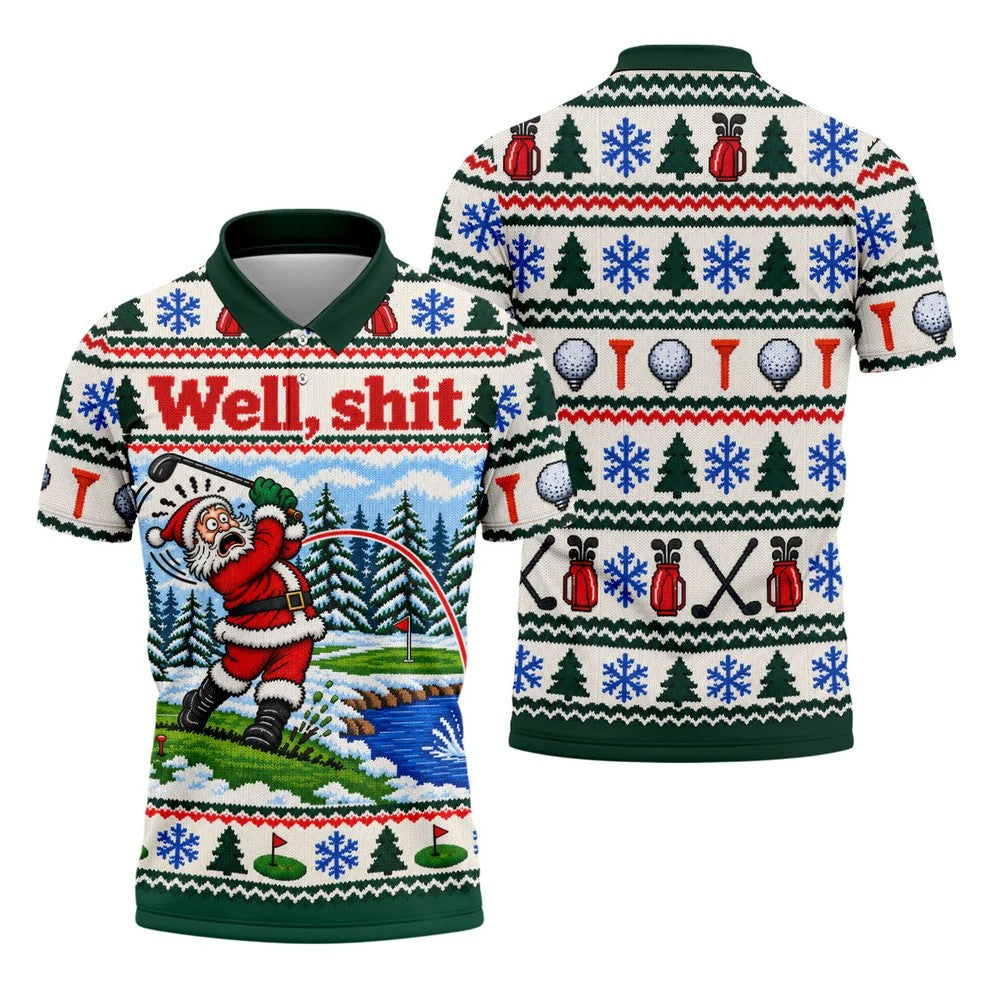 Well Shit Santa Golfer Christmas Golf Shirt, Mens Golf Polo, Funny Mens Golf Shirts