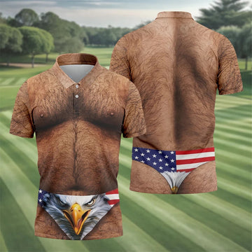Hairy Body Funny Eagle American Flag Golf Shirt, 250th Anniversary 4th Of July Golf Shirts For Men