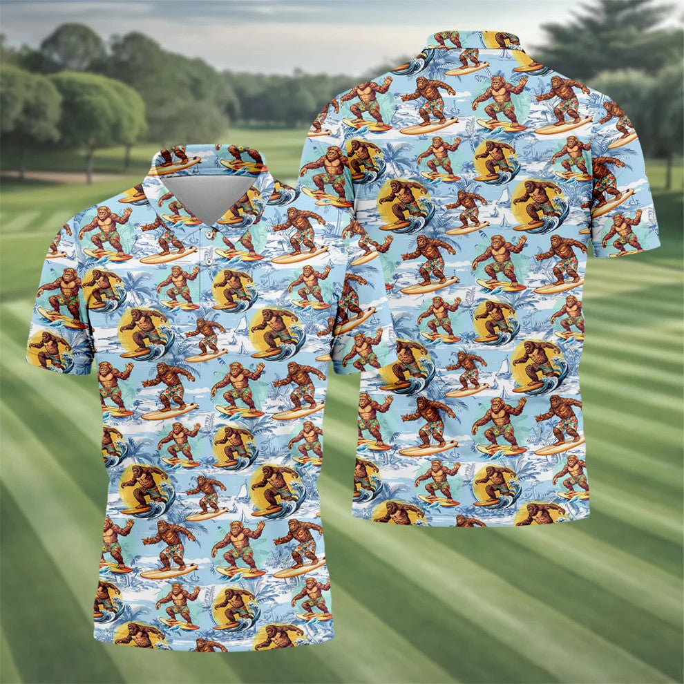 Surfing Bigfoot Hawaiian Golf Shirt, Mens Golf Shirts, Golf Apparel For Men