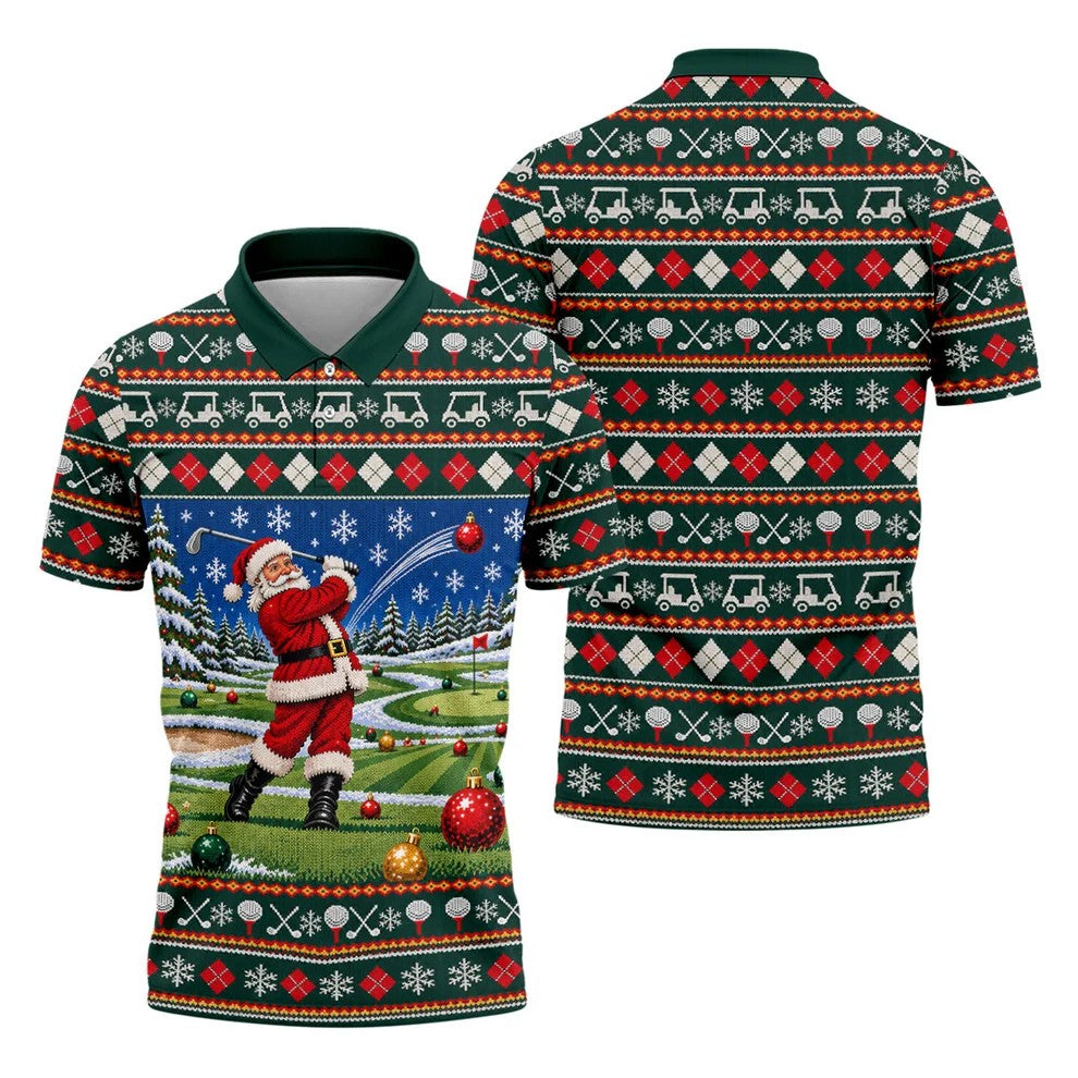 Santa Swing Fair Isle Christmas Golf Shirt, Mens Golf Shirts, Funny Mens Golf Shirts