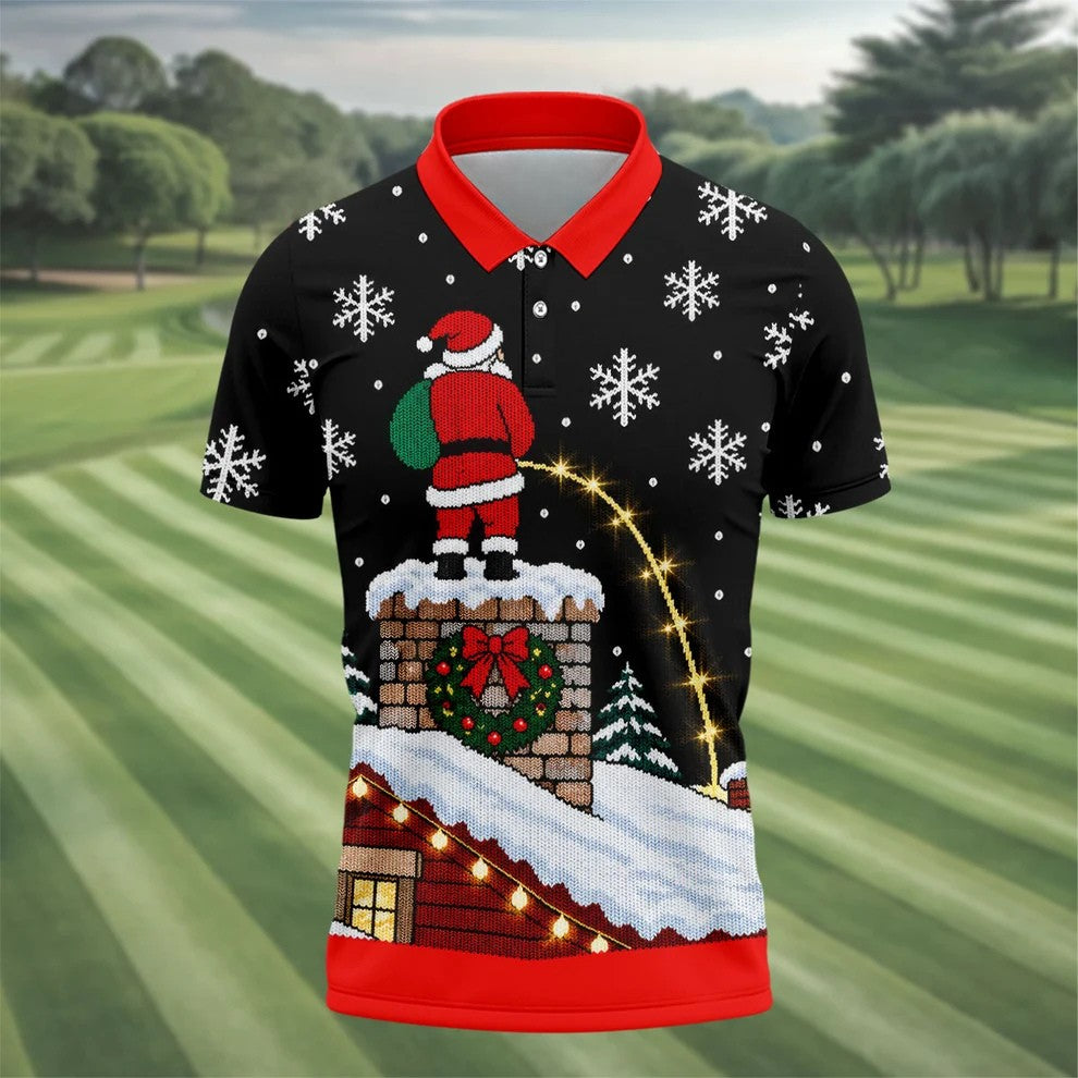Santa On Chimney Christmas Golf Shirt, Mens Golf Apparel, Funny Mens Golf Shirts