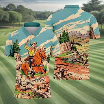 Vintage Cowboy Horse Riding Golf Polo Shirt, Mens Golf Polo, Golf Apparel For Men