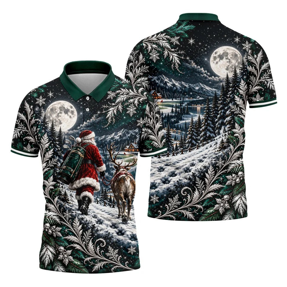 Moonlight Santa Reindeer Christmas Golf Shirt, Golf Shirts For Men, Golf Polo For Men