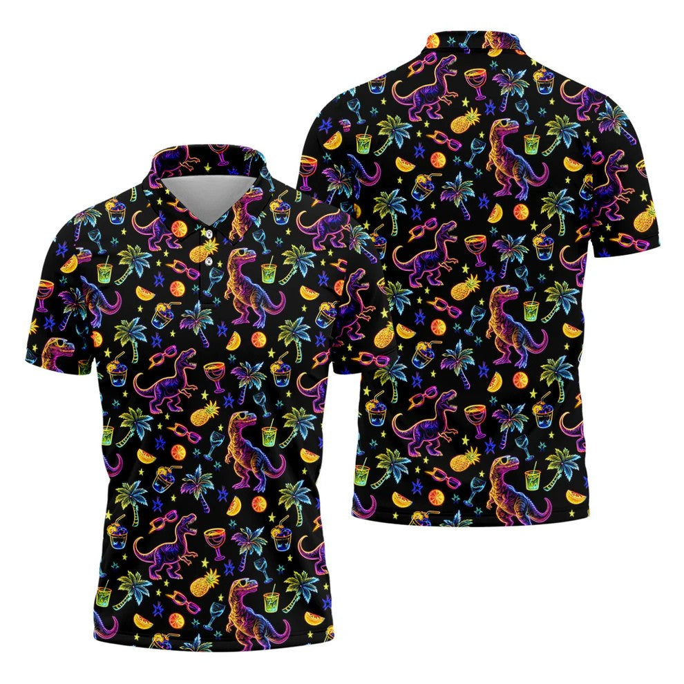 Neon Dinosaur Tropical Theme Hawaiian Golf Shirt, Polo Shirts For Men, Golfing Apparel