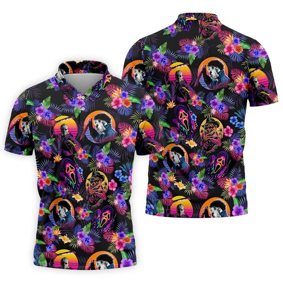 Retro Neon Horror Character Halloween Golf Shirt, Mens Golf Polo, Hawaiian Golf Shirt