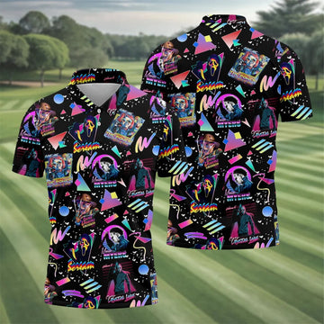 Retro Neon Horror Character Halloween Golf Shirt, Mens Golf Apparel, Hawaiian Golf Shirt