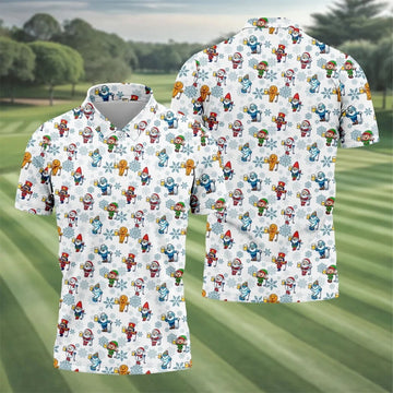 Christmas Characters Golf And Beer White Men's Funny Golf Shirts, Christmas Golf Shirt, Polo Shirts For Men