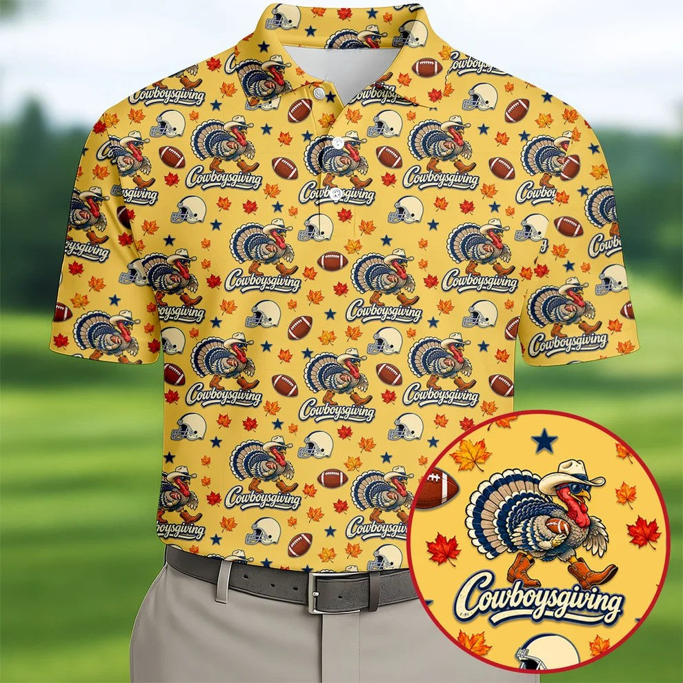 Cowboysgiving Thanksgiving Golf Shirt, Golf Shirts For Men, Mens Holiday Golf Shirts