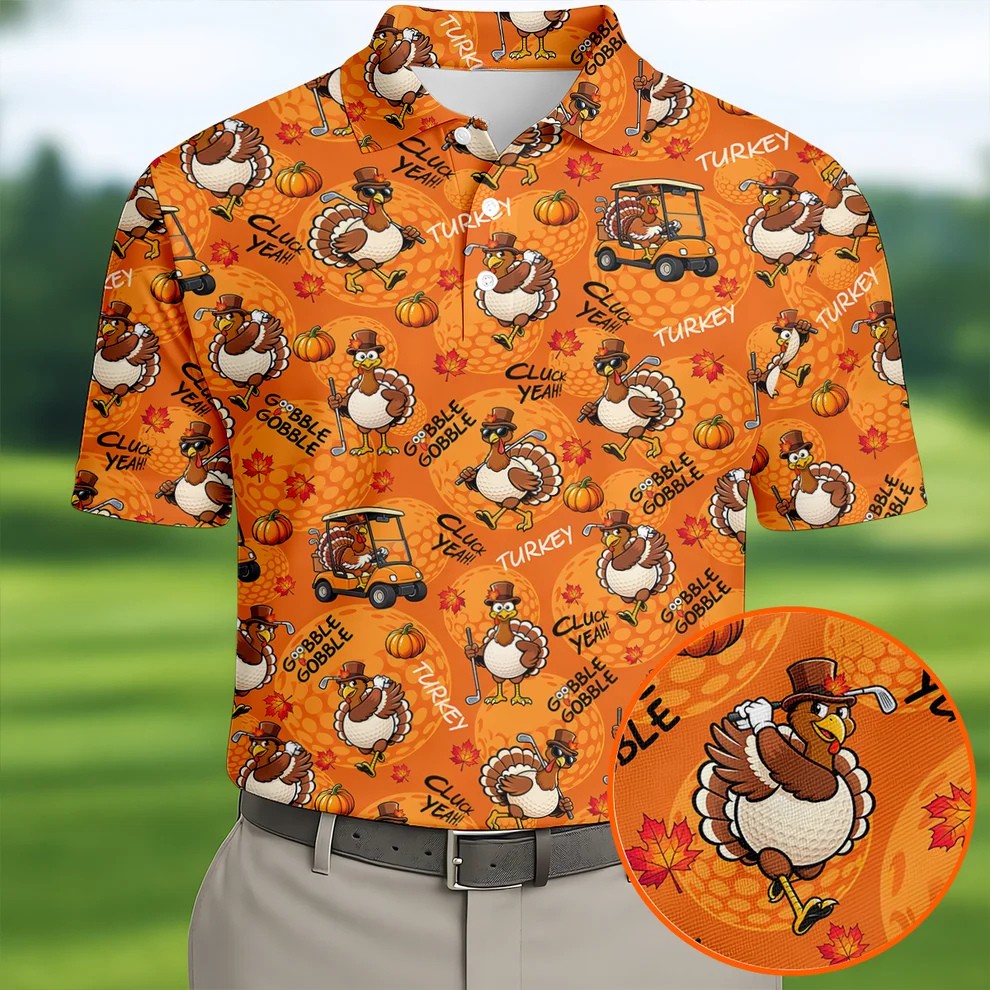 Turkey Golf Cart Thanksgiving Golf Shirt, Mens Golf Clothing, Funny Mens Golf Shirts