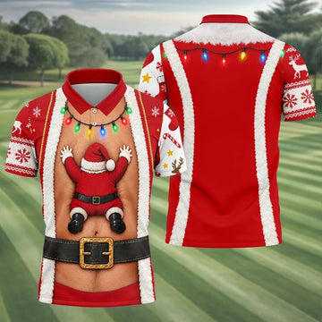 Santa Stuck In Belly Christmas Golf Shirt, Mens Golf Shirts, Golf Apparel For Men