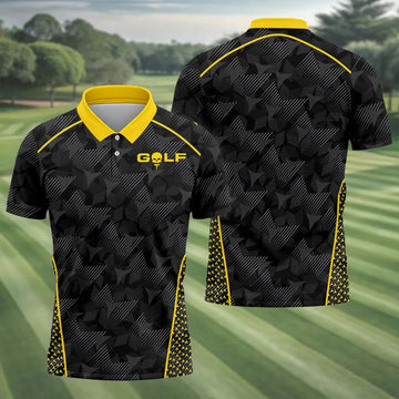 Abstract Triangle Black Yellow Golf Tops For Men, Father's Day Golf Gift, Polo Shirts For Men