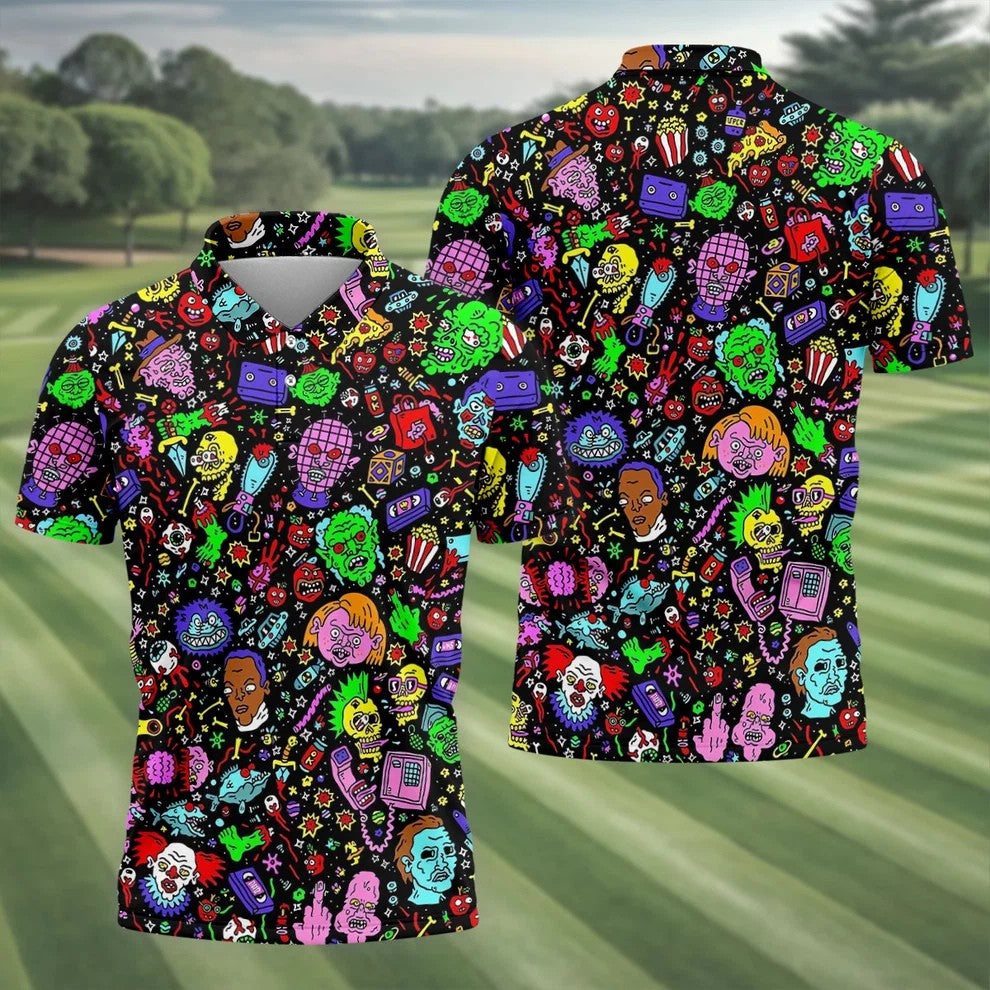 Halloween Horror Character Doodle Hawaiian Golf Shirt, Men's Golf Shirt, Printed Golf Polo Shirt
