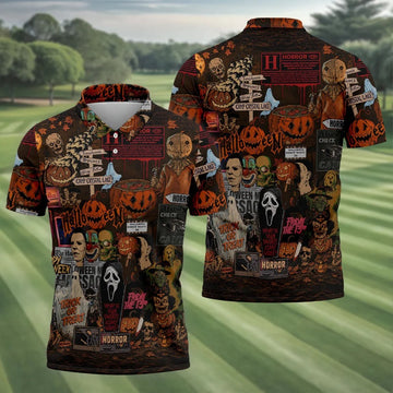 Horror Character Halloween Collage Golf Polo Shirt, Mens Golf Apparel, Polo Shirts For Men