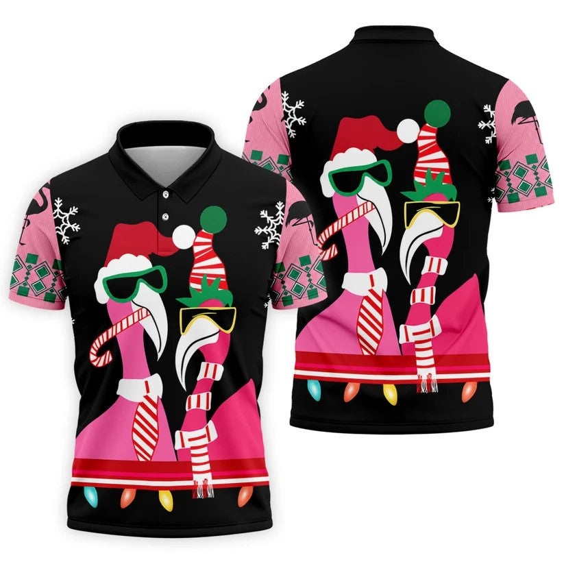Pink Flamingo Christmas Pattern Golf Shirt, Mens Golf Polo, Golf Shirts For Men