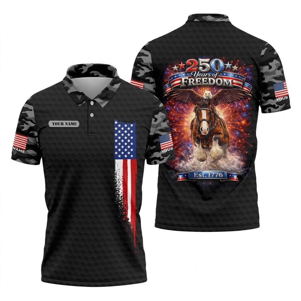 250 Years Of Freedom Black Camo Patriotic Golf Shirt, 4th Of July Golf Shirts For Men