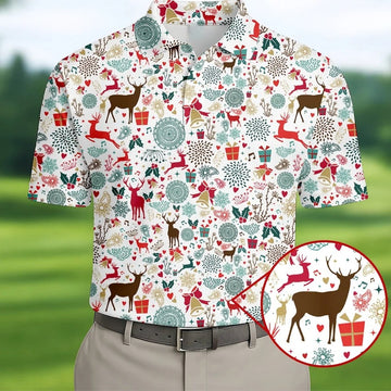Vintage Reindeer White Christmas Golf Tops For Men, Gift Christmas Golf Shirt Polos, Men Golf Apparel