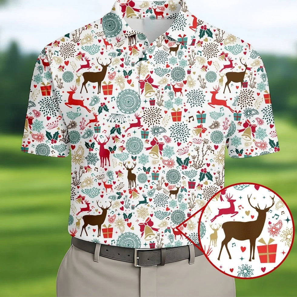 Vintage Reindeer White Christmas Golf Tops For Men, Gift Christmas Golf Shirt Polos, Men Golf Apparel