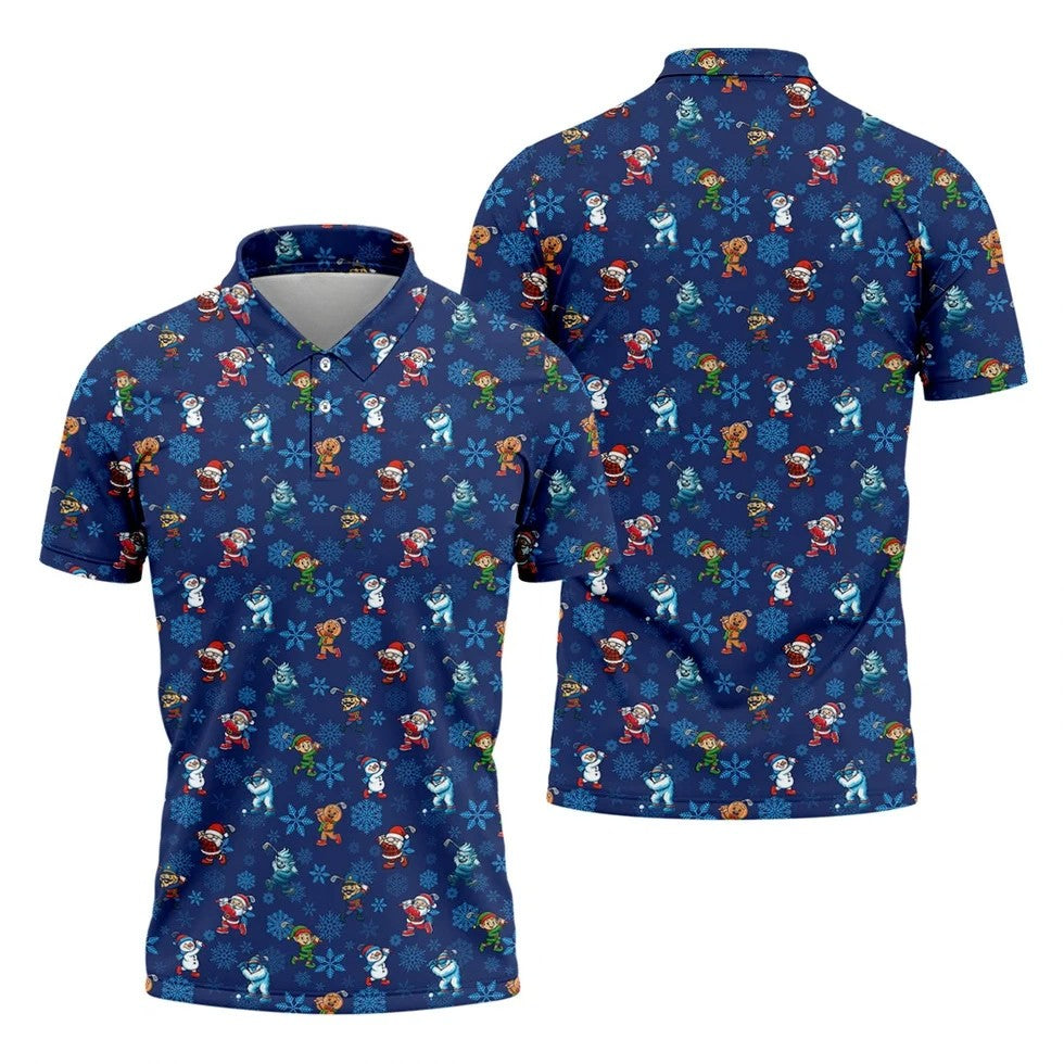Funny Christmas Characters Golf Pose Navy Golf Shirt, Christmas Golf Shirt, Polo Shirts For Men