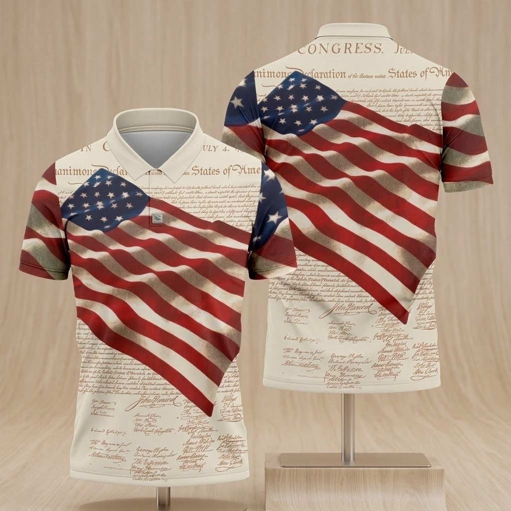 Patriotic American Flag Declaration Of Independence 4th Of July Beige Golf Shirt, 250th Anniversary Polo ShirtFor Men