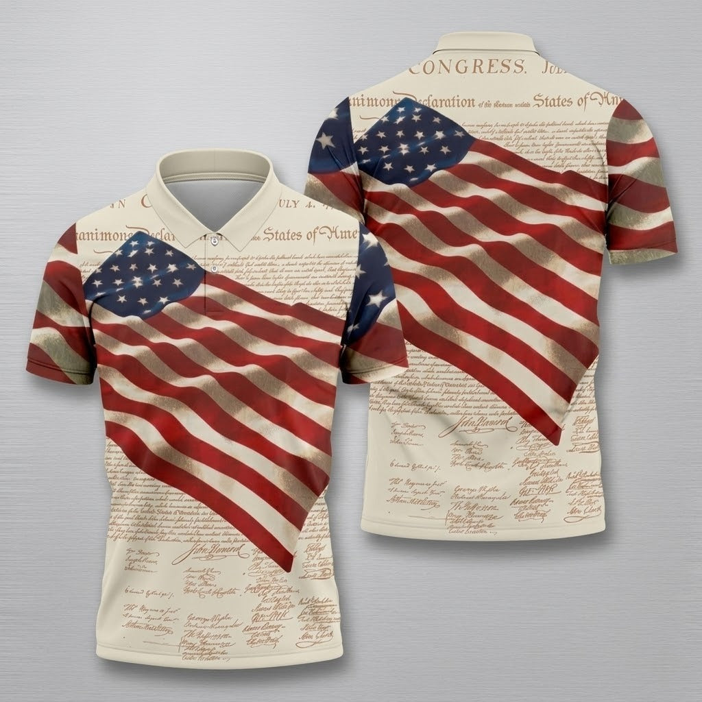 Patriotic American Flag Declaration Of Independence 4th Of July Beige Golf Shirt, 250th Anniversary Polo ShirtFor Men