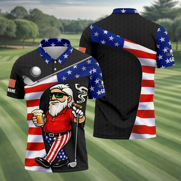 Golf And Beer Patriotic Man Golf Ball Pattern 4th Of July Black Golf Shirt, 250th Anniversary Golf Shirts For Me