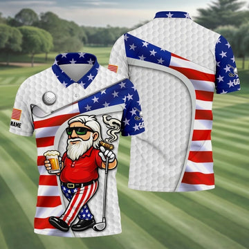 Custom Name Patriotic Golfing Man Polo - Funny Beer & Cigar White Golf Shirt, America 250th Anniversary Hexagon Pattern