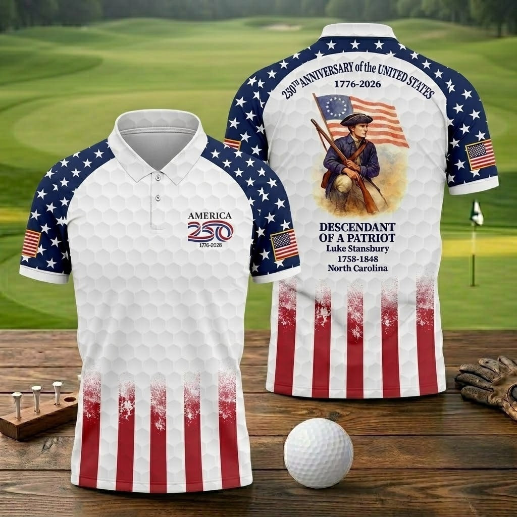 250th Anniversary Descendant Of A Patriot American Flag Golf Shirt, Patriotic 4th Of July Golf Shirts For Men