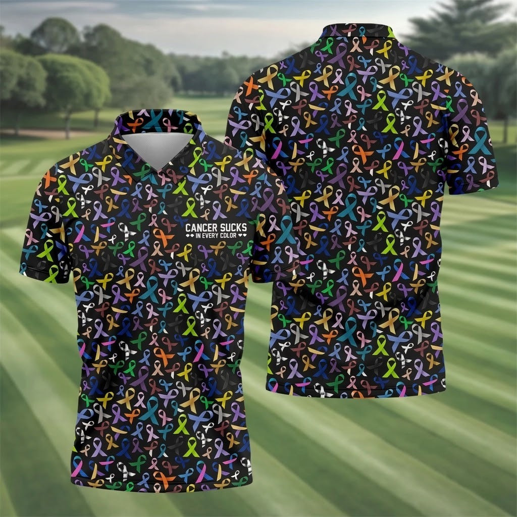 Cancer Sucks In Every Color Golf Tops For Men, Mens Golf Polo Shirt Cancer Awareness Shirt, Cancer Survivor Shirt