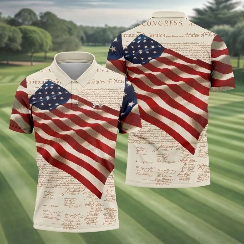Patriotic American Flag Declaration Of Independence 4th Of July Beige Golf Shirt, 250th Anniversary Polo ShirtFor Men