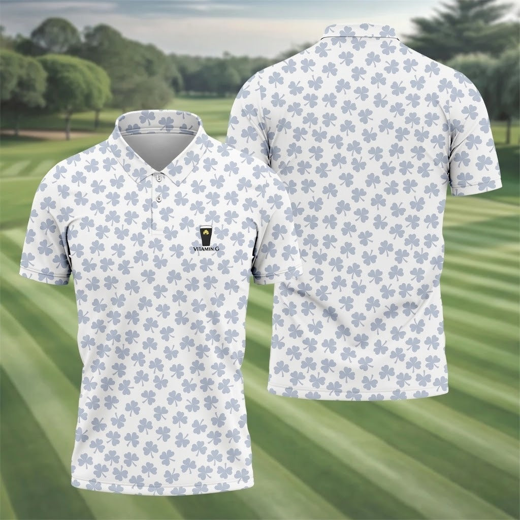 Vitamin G Shamrock Pattern Golf And Beer White Golf Shirt, St Patrick's Day Golf Shirt, Polo ShirtFor Men