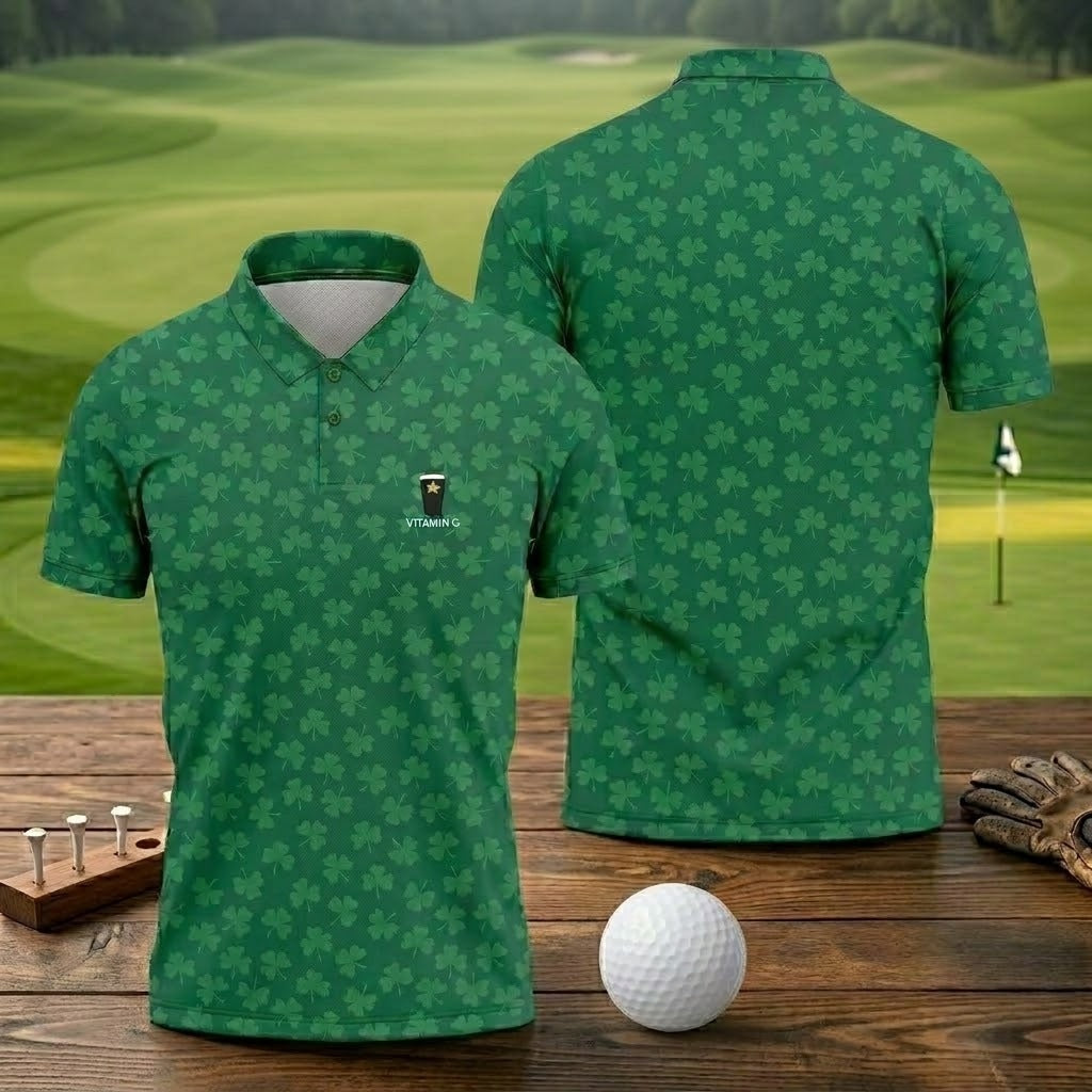 Vitamin G Shamrock Pattern Golf And Beer Green Golf Shirt, St Patrick's Day Golf Shirt, Polo ShirtFor Men