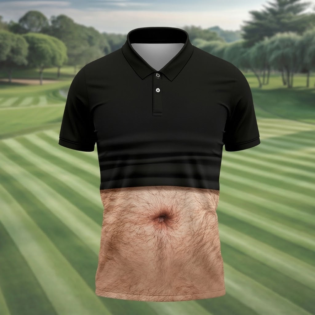 Men's Funny Hairy Belly Golf Polo, Realistic Stomach Print Shirt, Unique Golfer Gift