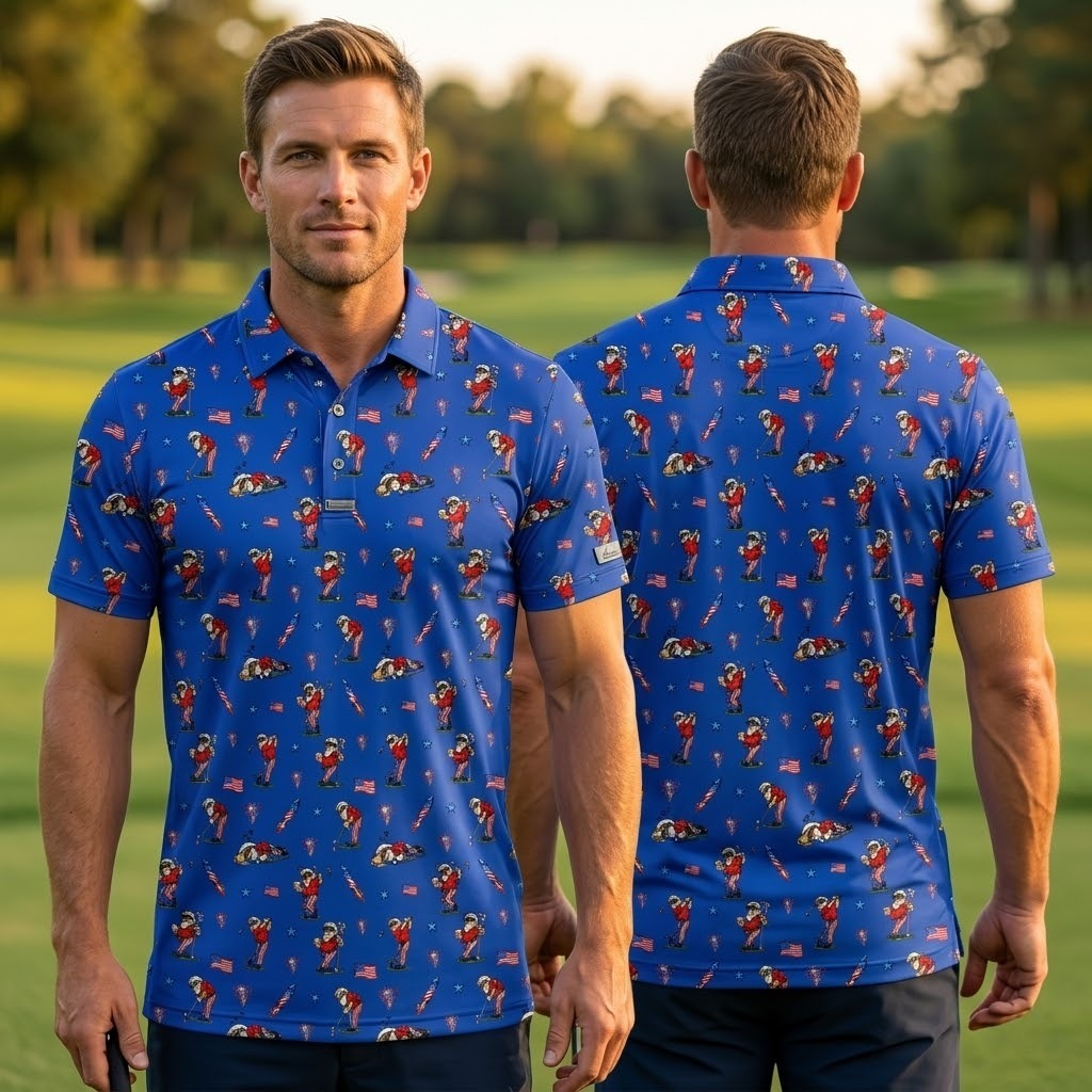 Funny Uncle Sam Golfing & Beer Blue Polo Shirttriotic 4th of July Men's Golf Shirt, 250th Anniversary All-Over Print