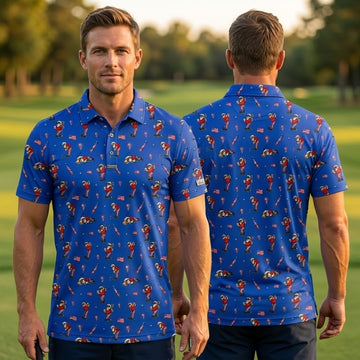 Funny Uncle Sam Golfing & Beer Blue Polo Shirttriotic 4th of July Men's Golf Shirt, 250th Anniversary All-Over Print