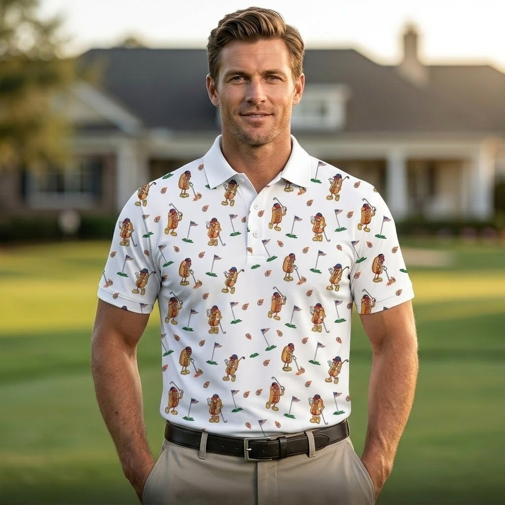 Funny Hot Dog Golfing White Polo Shirttriotic USA Flag Pattern Men's Golf Shirt, 250th Anniversary All-Over Print