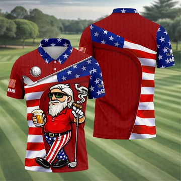 Golf And Beer Patriotic Man Golf Ball Pattern 4th Of July Red Golf Polo Shirt250th Anniversary Golf Shirts For Men