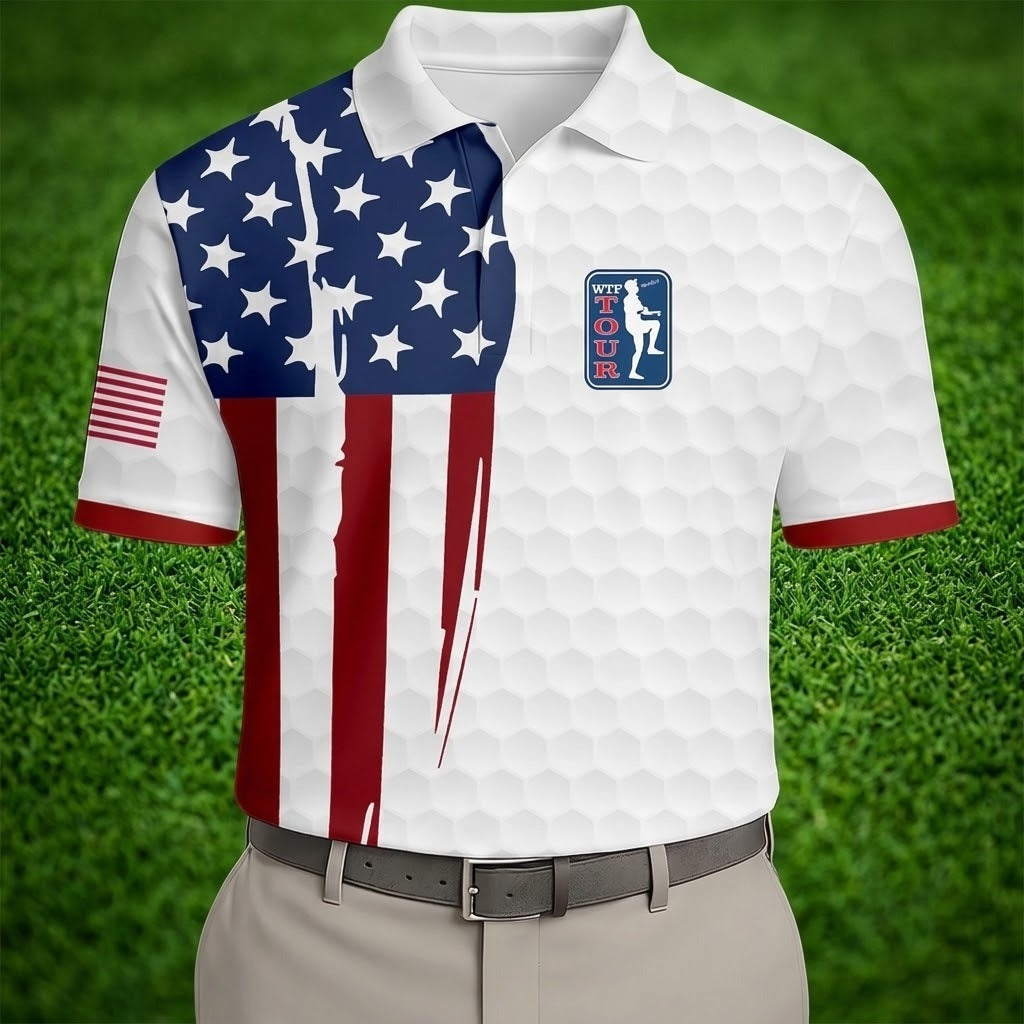 Golf Ball Pattern WTF Tour US Flag 4th Of July Patriotic Golf Shirt, 250th Anniversary Polo ShirtFor Men