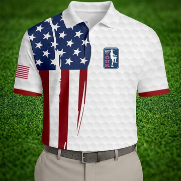 Golf Ball Pattern WTF Tour US Flag 4th Of July Patriotic Golf Shirt, 250th Anniversary Polo ShirtFor Men