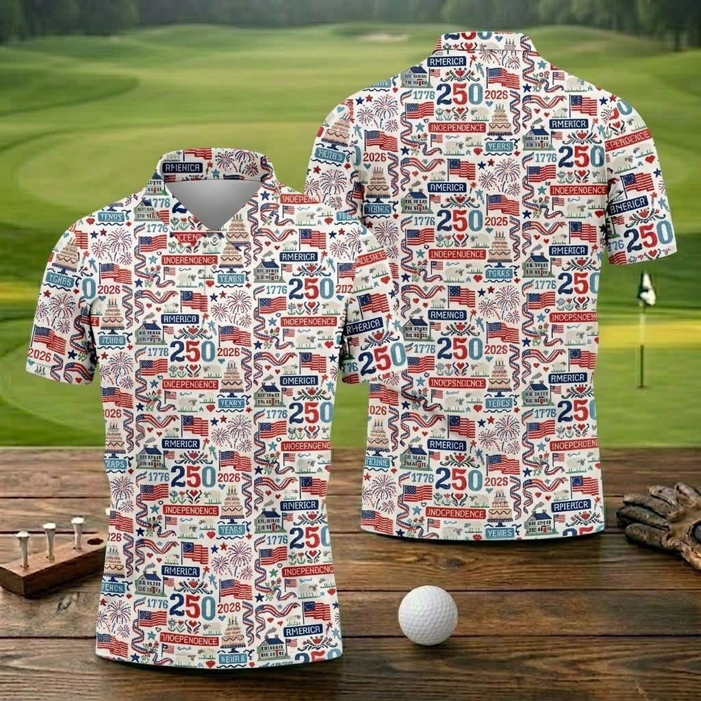 America Independence 250 Years White Golf Shirt, Patriotic 4th Of July Golf Shirts For Men