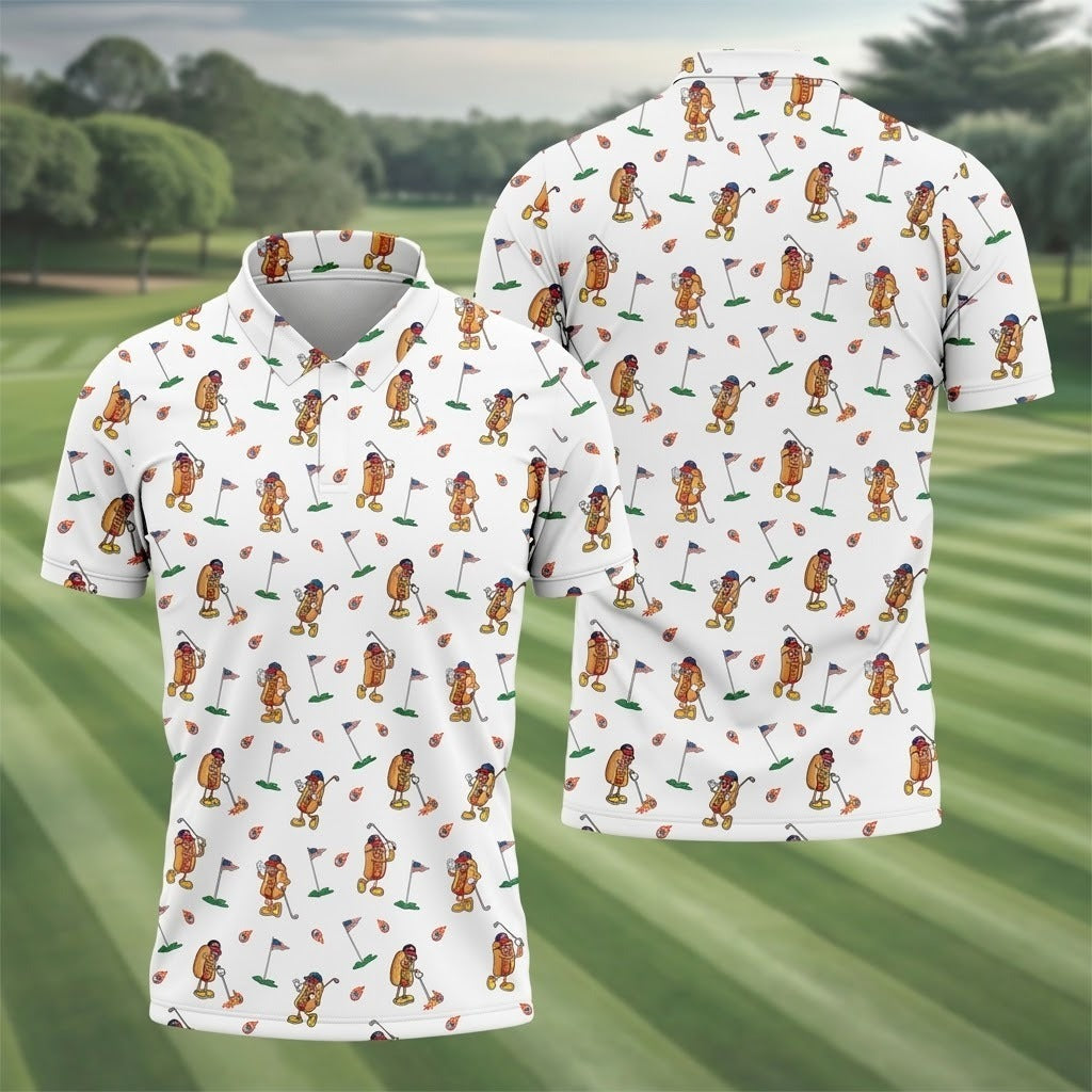 Funny Hot Dog Golfing White Polo Shirttriotic USA Flag Pattern Men's Golf Shirt, 250th Anniversary All-Over Print