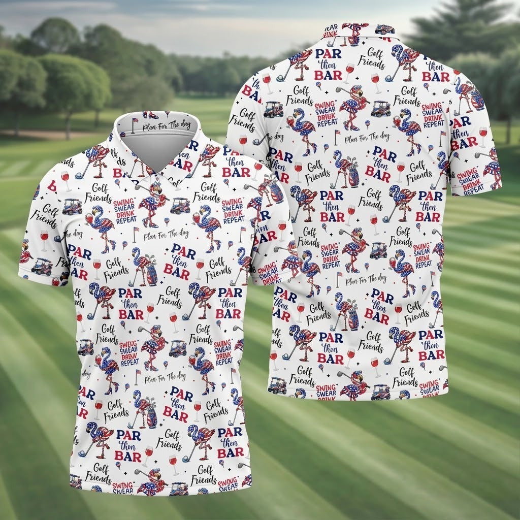 Funny Flamingo Patriotic Golf Polo Shirtr Then Bar Men's White Golf Shirt, 4th of July Drinking Flamingo Pattern