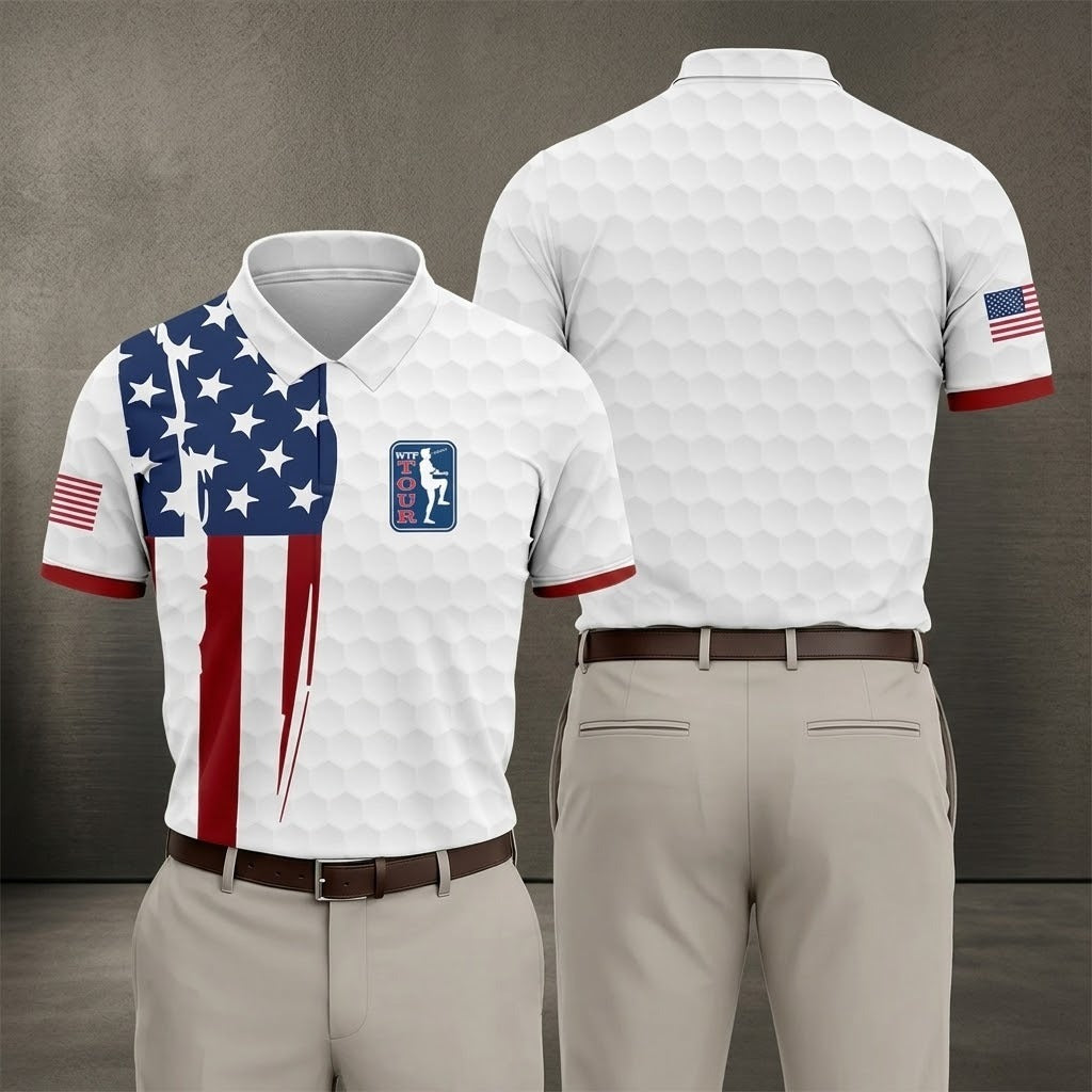 Golf Ball Pattern WTF Tour US Flag 4th Of July Patriotic Golf Shirt, 250th Anniversary Polo ShirtFor Men