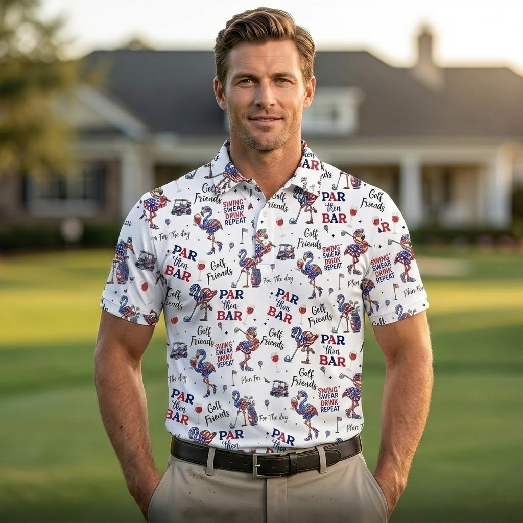 Funny Flamingo Patriotic Golf Polo Shirtr Then Bar Men's White Golf Shirt, 4th of July Drinking Flamingo Pattern