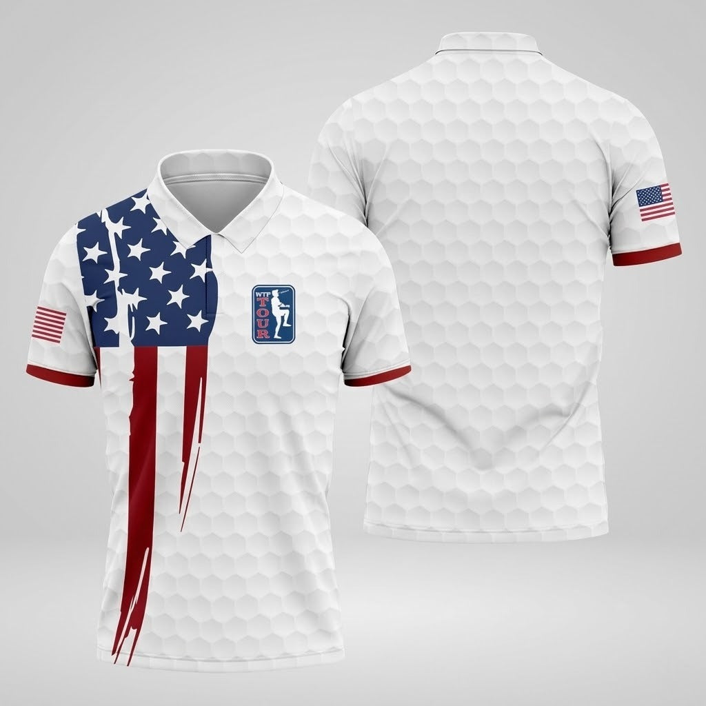 Golf Ball Pattern WTF Tour US Flag 4th Of July Patriotic Golf Shirt, 250th Anniversary Polo ShirtFor Men